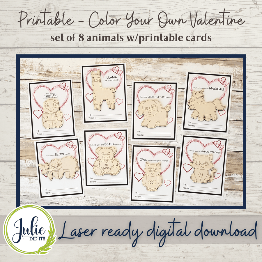 Julie Did It Studios ornaments Color Your Own Valentine with Printable Cards - Animals