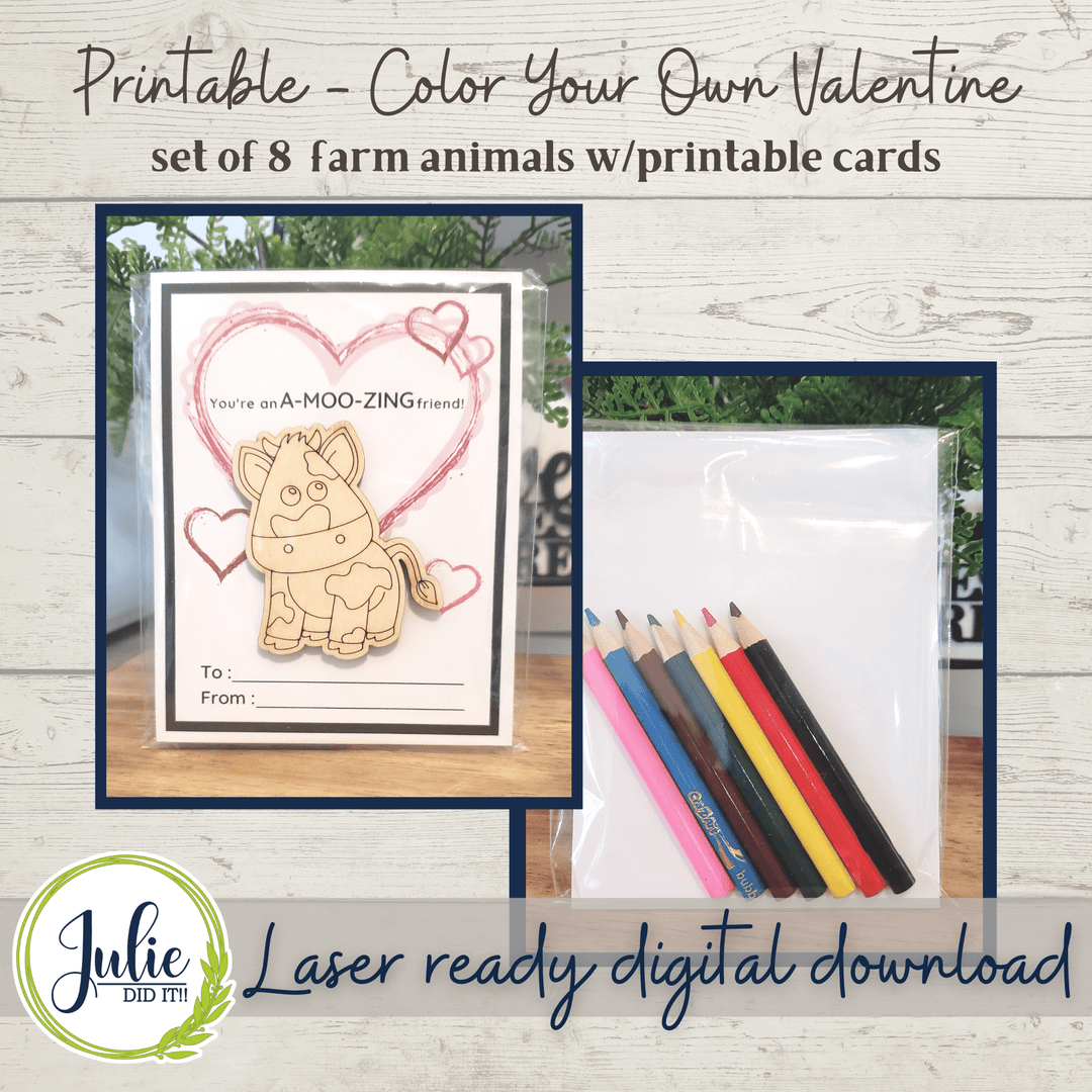 Julie Did It Studios ornaments Color Your Own Valentine with Printable Cards - Farm Animals