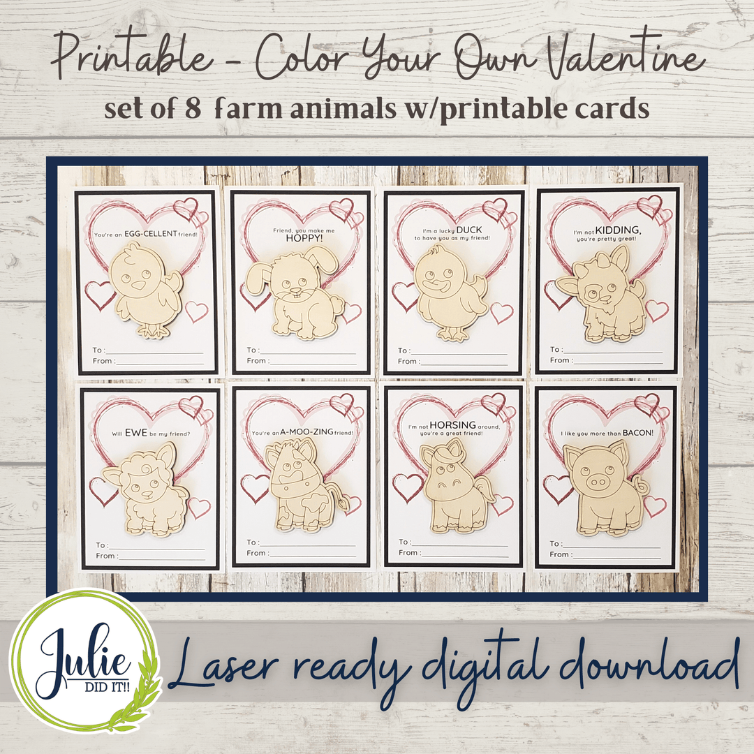 Julie Did It Studios ornaments Color Your Own Valentine with Printable Cards - Farm Animals