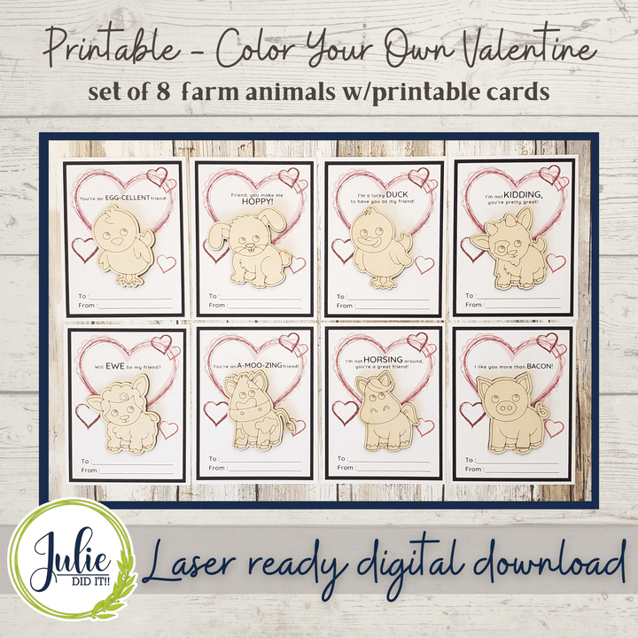Julie Did It Studios ornaments Color Your Own Valentine with Printable Cards - Farm Animals