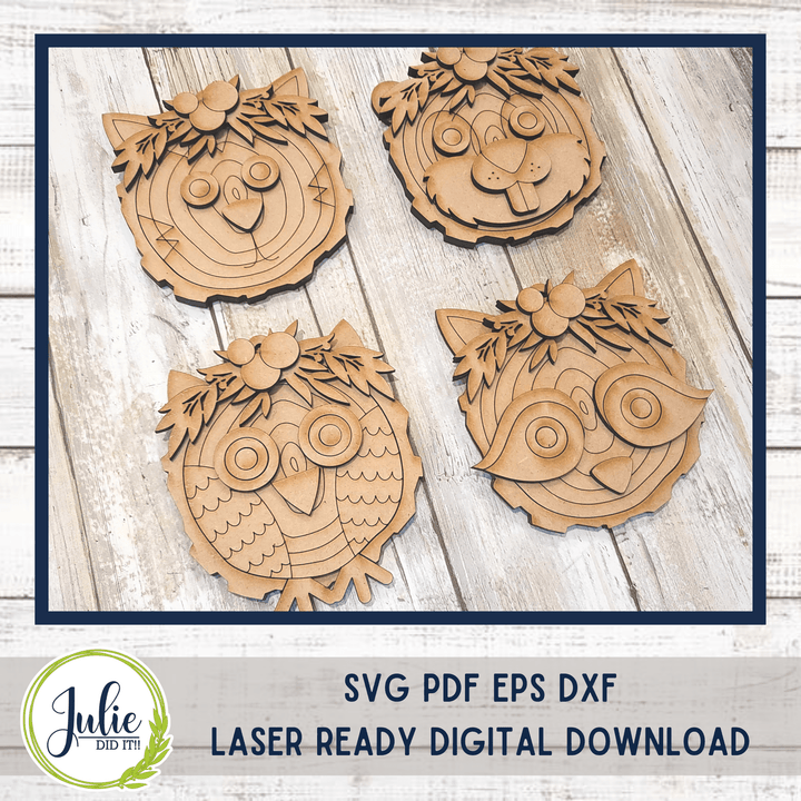 Julie Did It Studios ornaments Wood Slice Ornaments 1 (Cat, Owl, Racoon, Beaver)