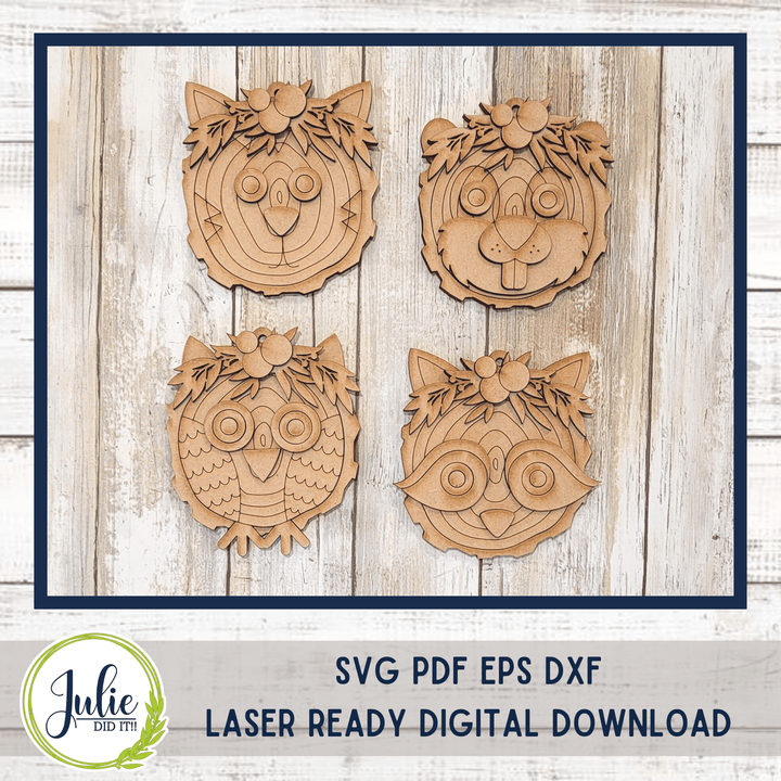Julie Did It Studios ornaments Wood Slice Ornaments 1 (Cat, Owl, Racoon, Beaver)