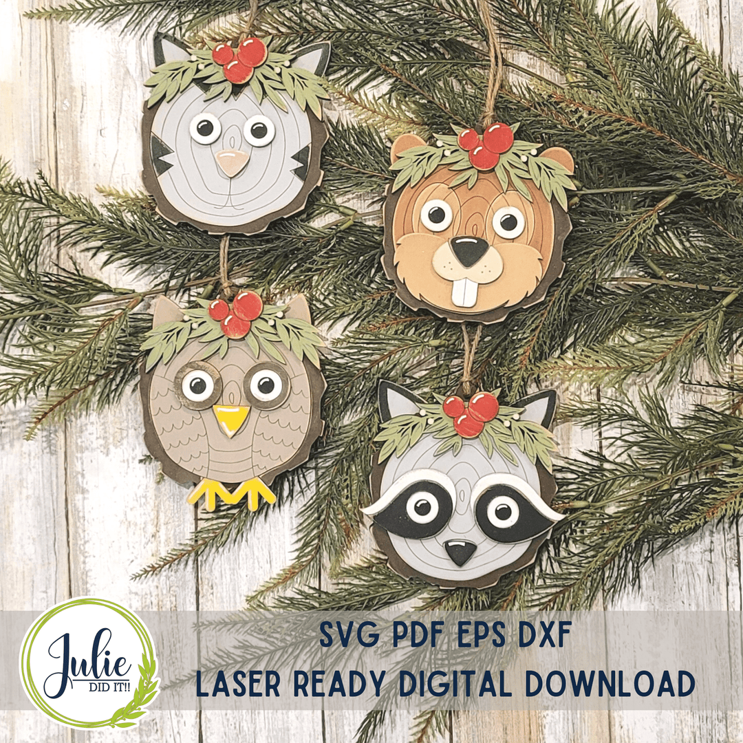 Julie Did It Studios Wood Slice Ornaments 1 (Cat, Owl, Racoon, Beaver)