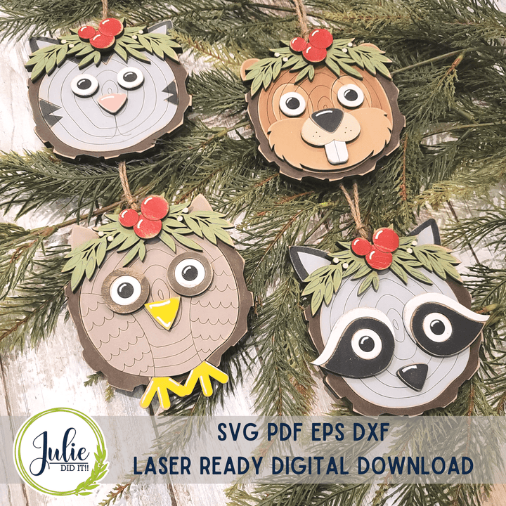 Julie Did It Studios Wood Slice Ornaments 1 (Cat, Owl, Racoon, Beaver)