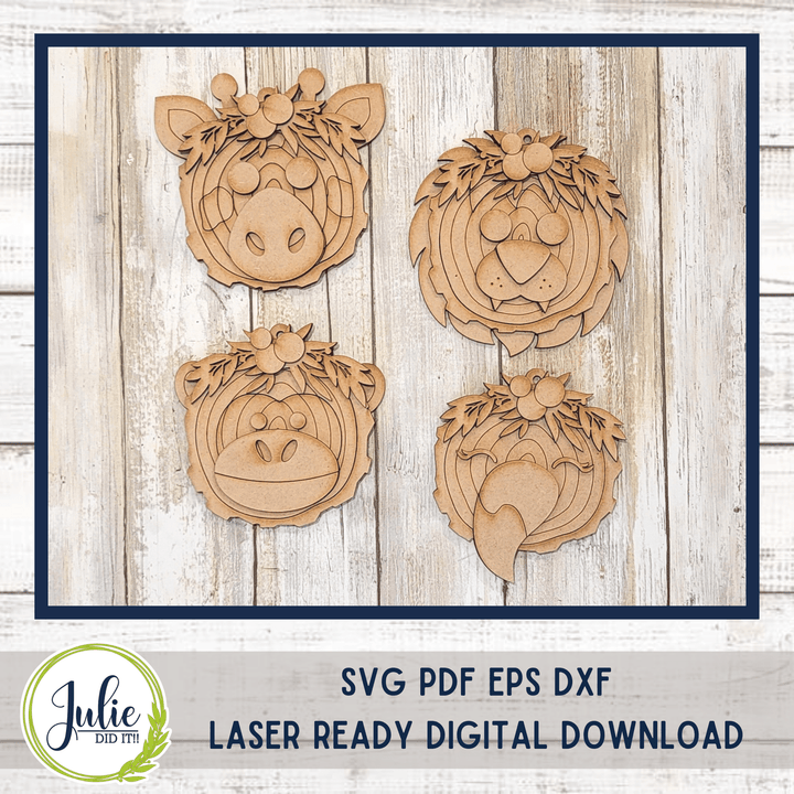 Julie Did It Studios Wood Slice Ornaments 3 (Lion, Flamingo, Gorilla, Giraffe)