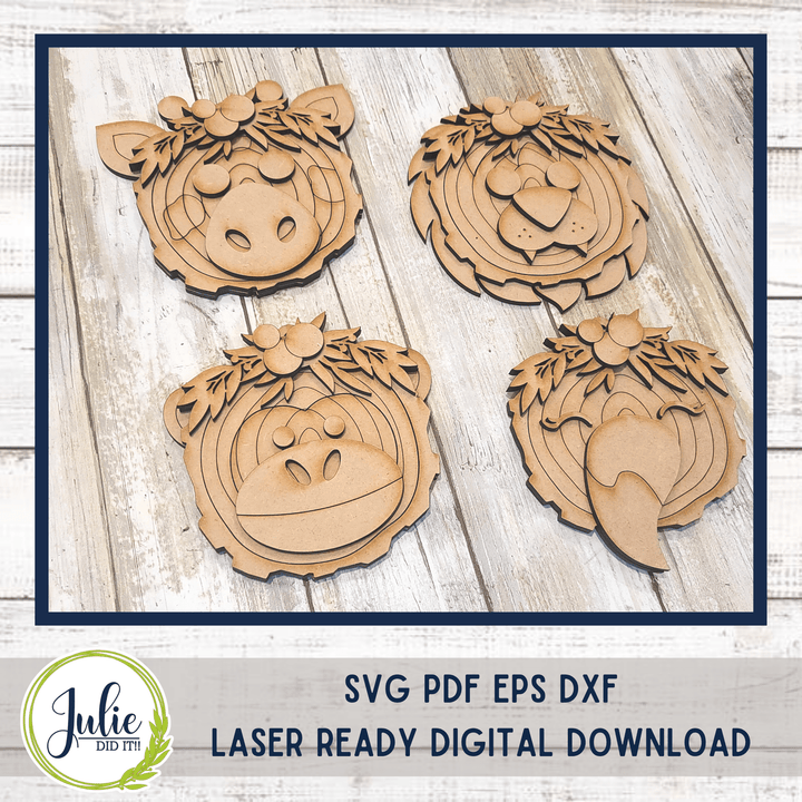 Julie Did It Studios Wood Slice Ornaments 3 (Lion, Flamingo, Gorilla, Giraffe)