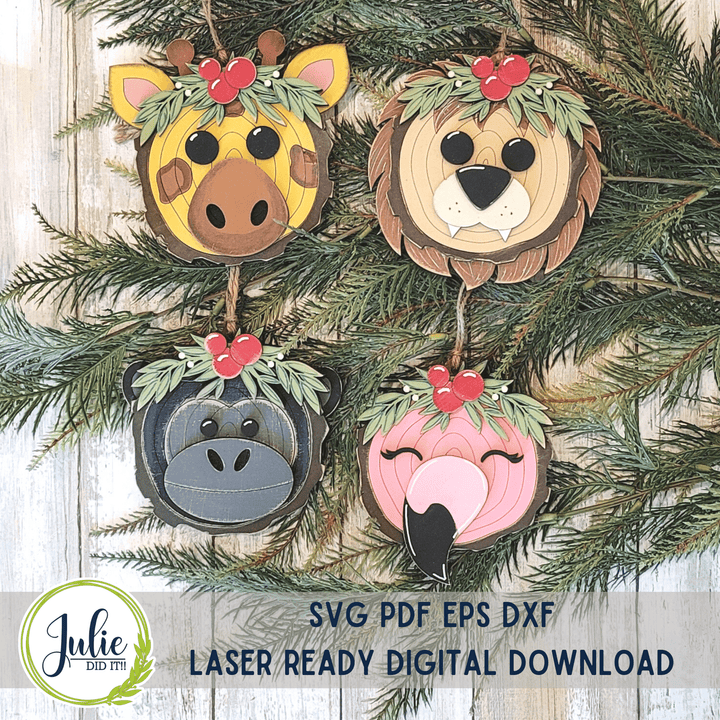 Julie Did It Studios Wood Slice Ornaments 3 (Lion, Flamingo, Gorilla, Giraffe)