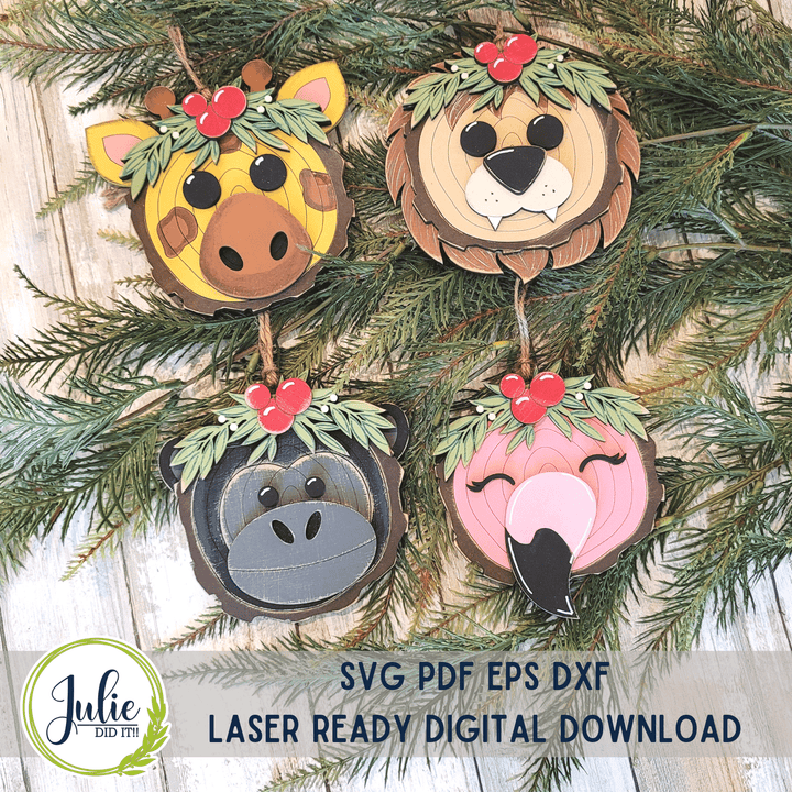 Julie Did It Studios Wood Slice Ornaments 3 (Lion, Flamingo, Gorilla, Giraffe)