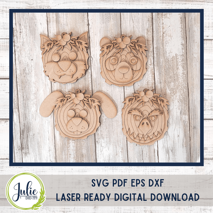 Julie Did It Studios Wood Slice Ornaments 4 (Panda, Bunny, Wolf, Eagle)