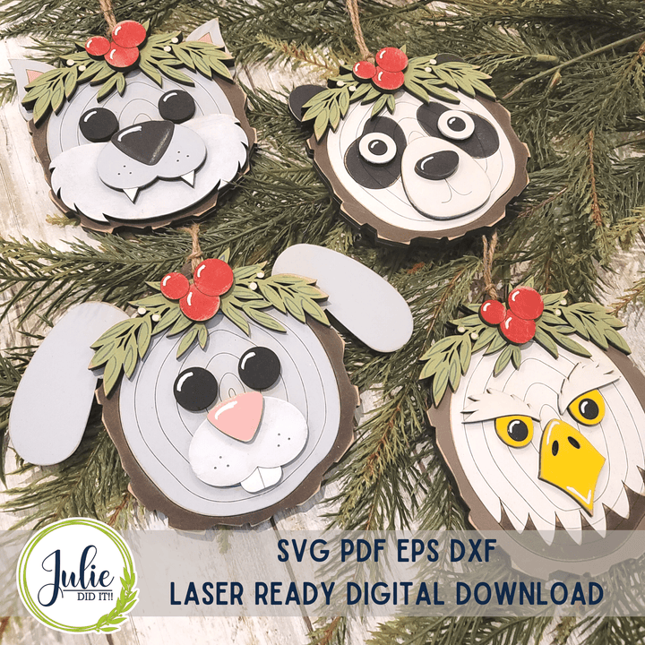 Julie Did It Studios Wood Slice Ornaments 4 (Panda, Bunny, Wolf, Eagle)