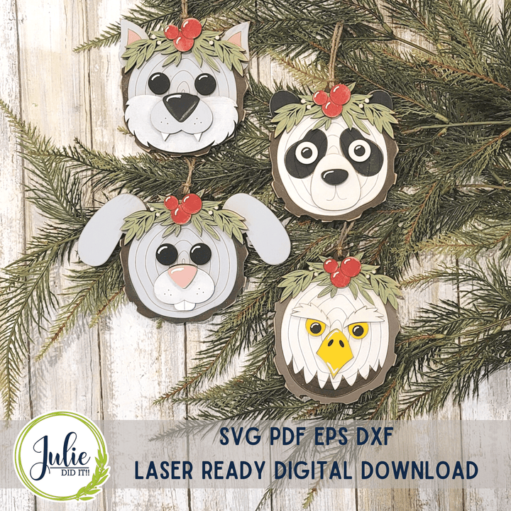 Julie Did It Studios Wood Slice Ornaments 4 (Panda, Bunny, Wolf, Eagle)