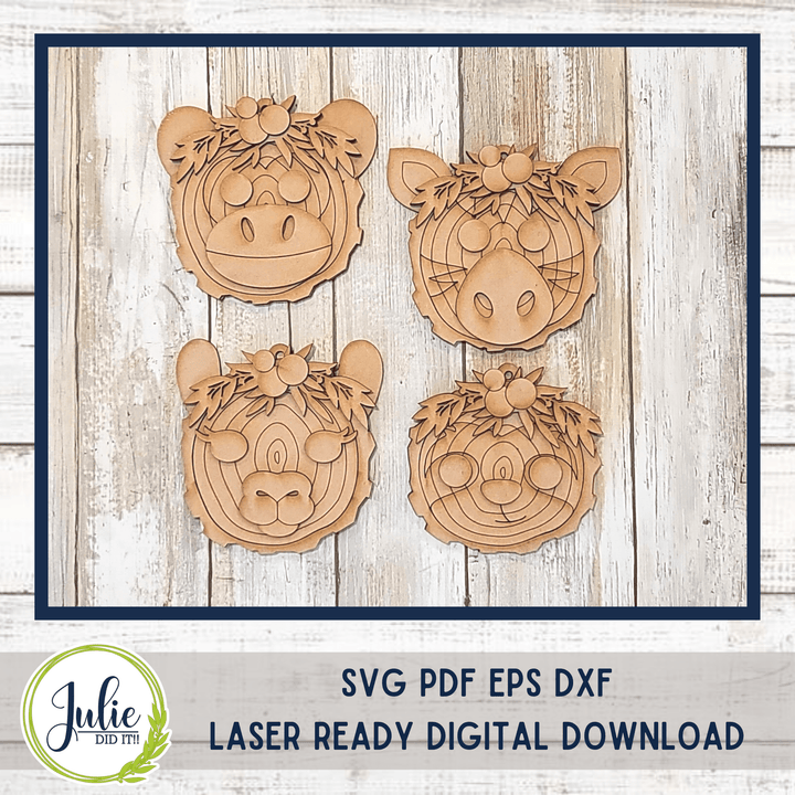 Julie Did It Studios Wood Slice Ornaments 6 (Zebra, Llama, Monkey, Sloth)