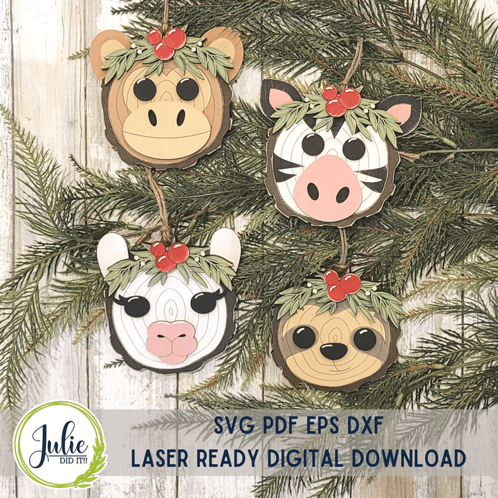 Julie Did It Studios Wood Slice Ornaments 6 (Zebra, Llama, Monkey, Sloth)