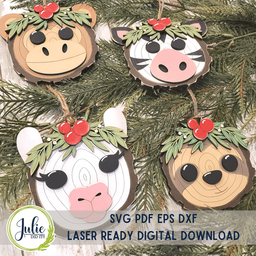 Julie Did It Studios Wood Slice Ornaments 6 (Zebra, Llama, Monkey, Sloth)