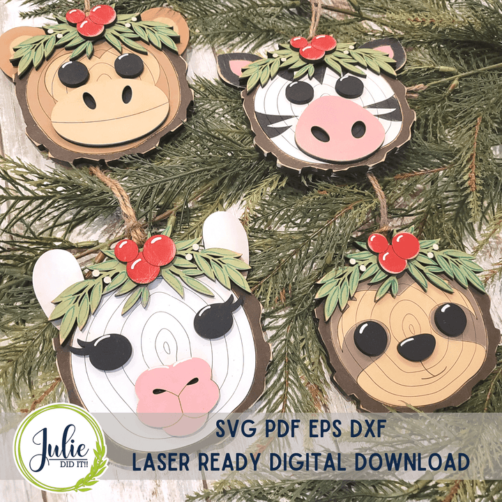 Julie Did It Studios Wood Slice Ornaments 6 (Zebra, Llama, Monkey, Sloth)