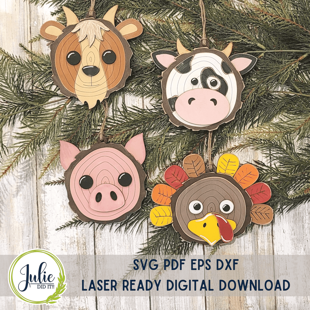 Julie Did It Studios Wood Slice Ornaments 7 (Goat, Cow, Pig, Turkey)