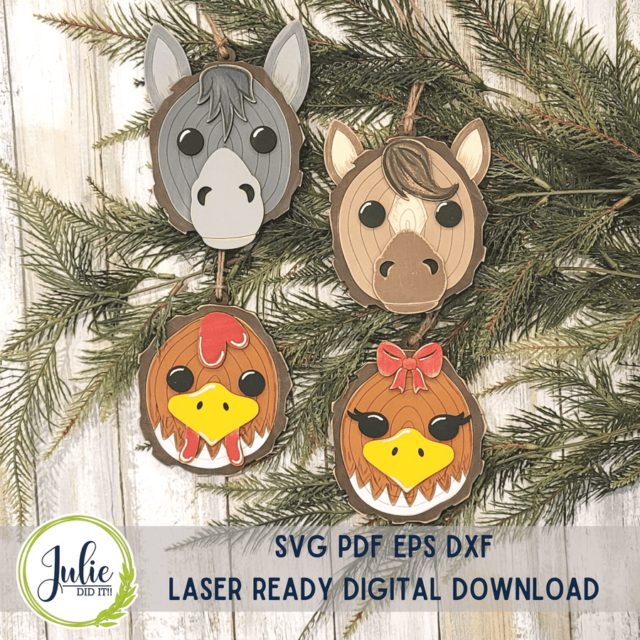 Julie Did It Studios Wood Slice Ornaments 9 (Mule, Horse, Rooster, Hen)