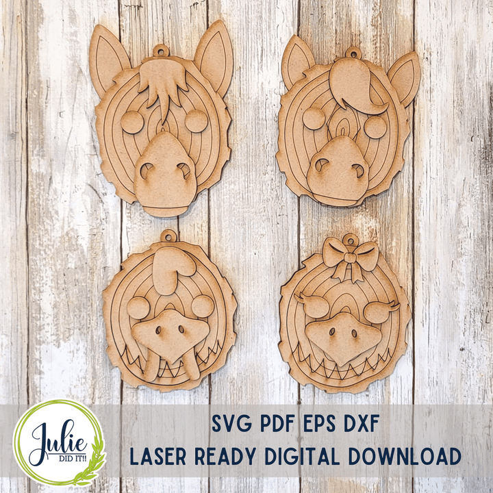Julie Did It Studios Wood Slice Ornaments 9 (Mule, Horse, Rooster, Hen)
