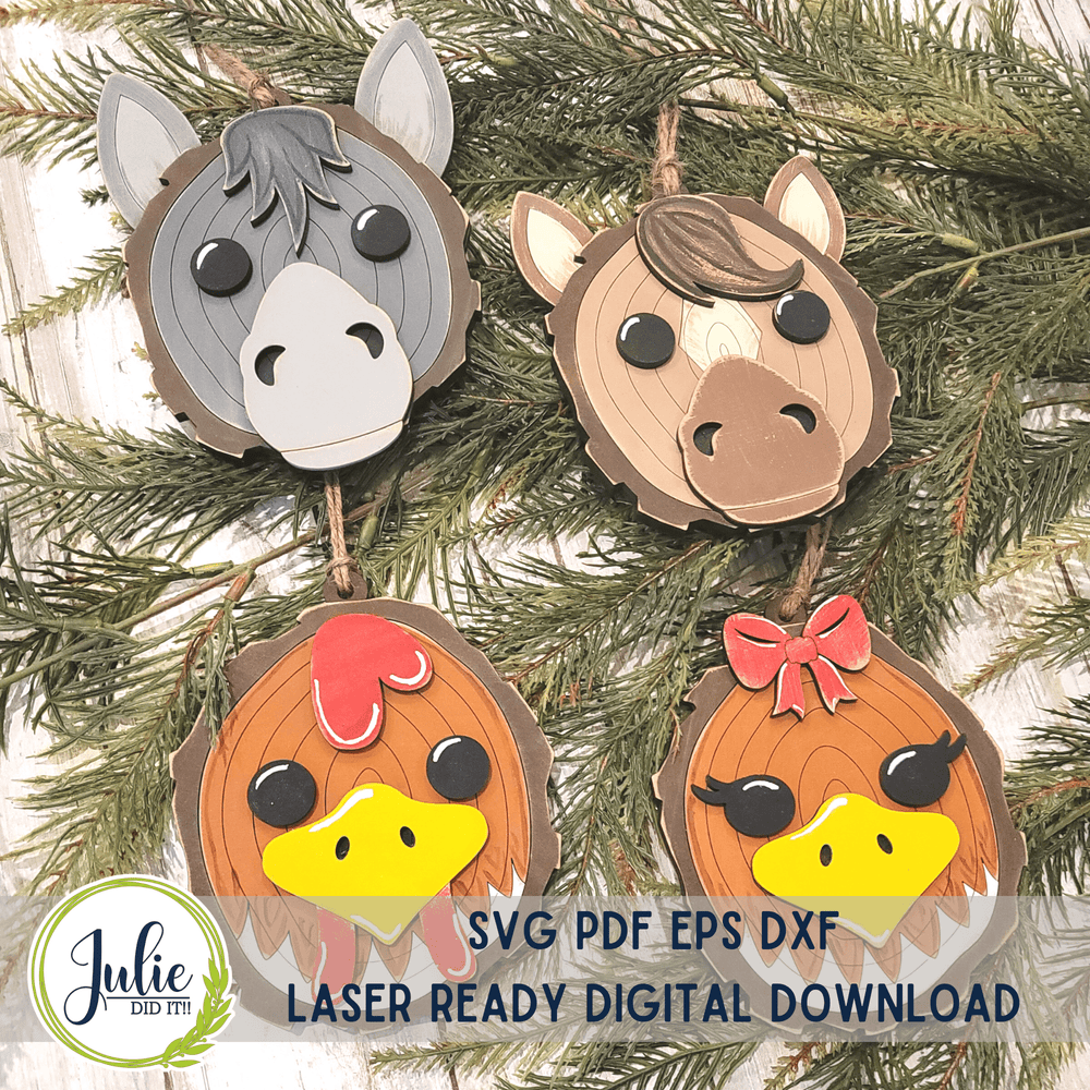 Julie Did It Studios Wood Slice Ornaments 9 (Mule, Horse, Rooster, Hen)