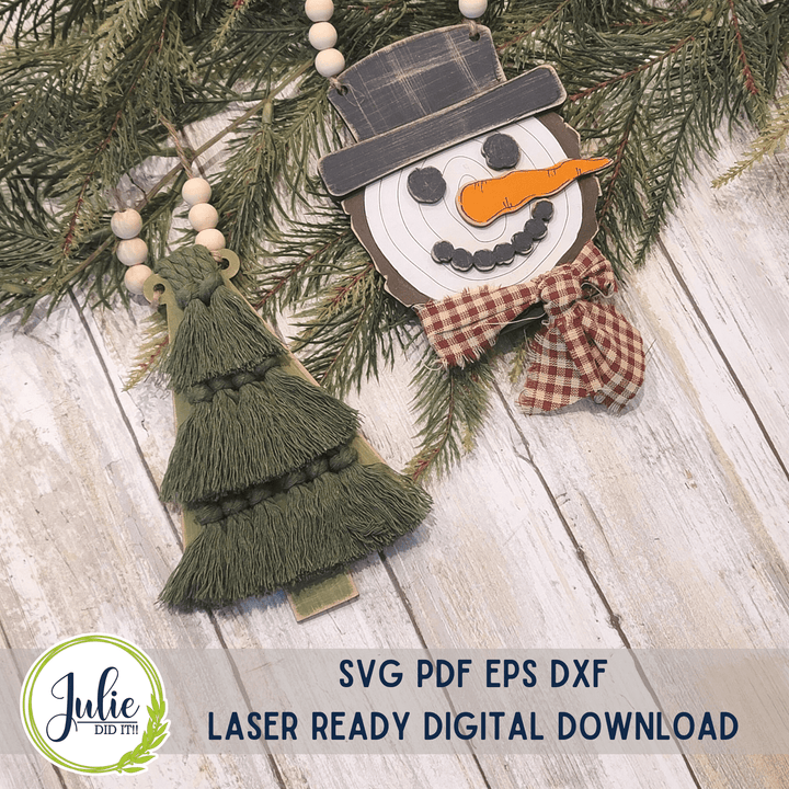 Julie Did It Studios Wood Slice Snowman / Macrame Tree Garland